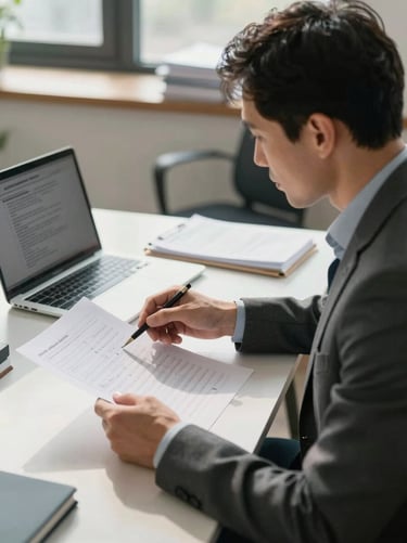 Medium shot from the side, advisor and client seated at a desk reviewing printed financial statements together in natural north-facing daylight, documents and a laptop screen visible, organized office background