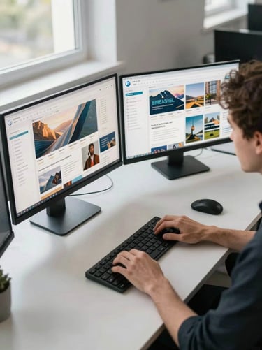 Wide-angle overhead desk workspace in a daylit office, multiple screens displaying campaign dashboards and brand mockups, hands mid-task on keyboard, clean minimal surfaces, natural window light from the left