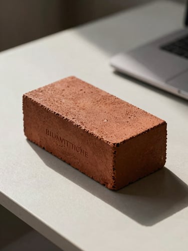 Detail of a branded Blumattone brick sitting on a minimalist desk. Strong shadow, rust-colored accent (#C1674E) on the brick, sophisticated and bold.