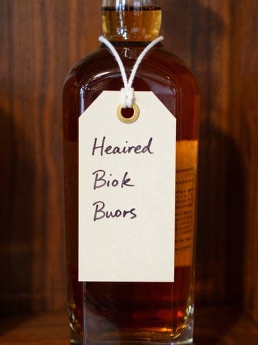 Warm editorial close-up of a rare whiskey bottle with a handwritten recommendation tag hanging from its neck, dark oak background, shallow depth of field, 35mm
