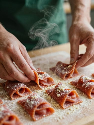 Close-up of fresh handmade pasta being plated, steam rising, hands dusting parmigiano, soft natural side-light, rich crimson tones, shallow depth of field.