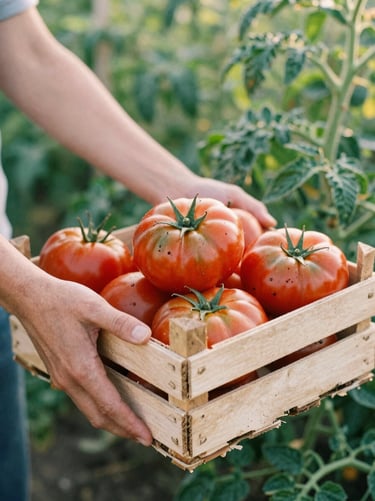 Hands holding freshly harvested heirloom tomatoes in a wooden crate, soil visible on fingers, soft morning light in an organic farm field.