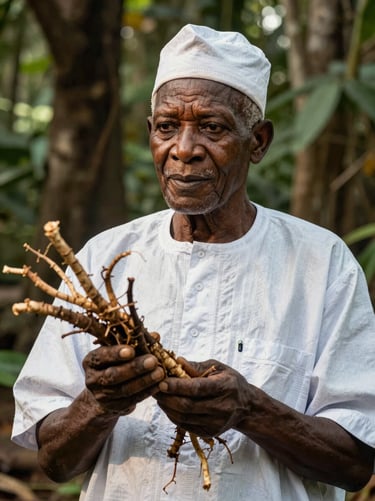 Dignified natural-light portrait of an elderly Beninese botanical practitioner in traditional attire, warm sunlight illuminating his face, holding raw medicinal roots, deep forest background.
