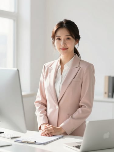 A professional portrait of a female financial advisor in a bright sun-drenched workspace, soft pastel accents, warm confident expression