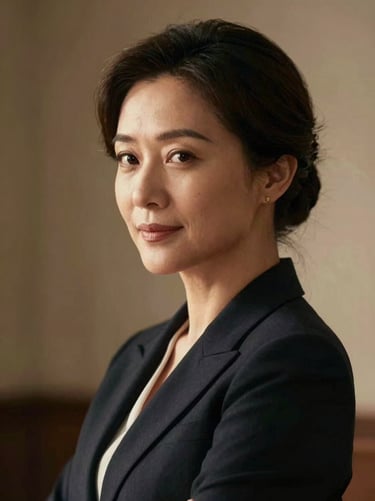 Cinematic portrait of a female leader looking confidently past the camera, soft warm lighting highlighting her profile, deep shadows, elegant and authoritative atmosphere.