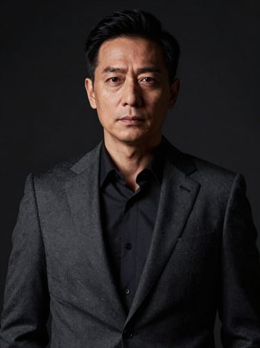 High-contrast portrait of a male executive in a tailored charcoal suit, dramatic chiaroscuro lighting with a single warm key light, dark studio background, editorial style.