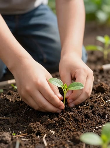 Close-up of a child's hands gently planting a small green seedling in rich dark soil, soft morning sunlight, outdoor garden setting.