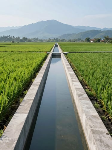 A stunning wide-angle photograph of an extensive irrigation canal system cutting through vibrant green rice fields in rural Southeast Asian / Indonesian landscape. The concrete channels are clean, modern, and geometrically precise, leading towards misty blue mountains under a bright, clear sky. Minimalist and professional composition.