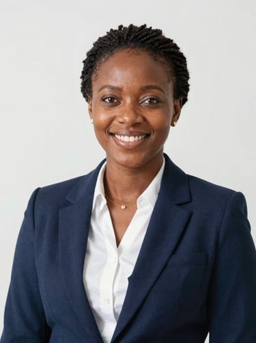 Professional portrait of a female Cameroonian operations manager, smiling warmly, business attire, soft corporate lighting, clean background, 35mm