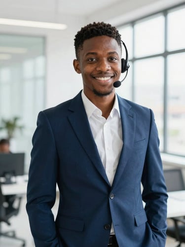Professional portrait of a Cameroonian customer relations manager, welcoming expression, modern office setting, soft natural light, 35mm