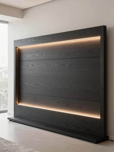 Bespoke TV backdrop with integrated warm LED linear lighting, dark charcoal wood slats, clean cable management, minimalist design