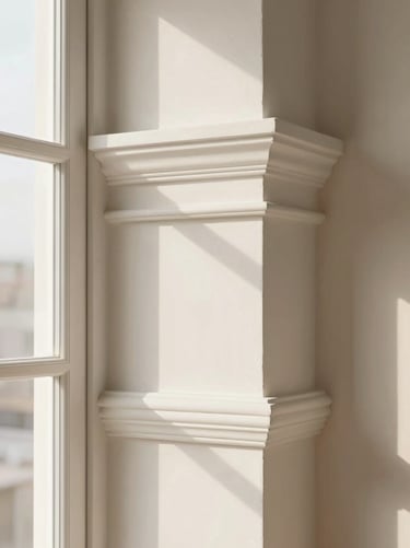 Straight-on architectural detail of classical wall moulding, pristine matte paint finish, seamless joints, warm afternoon side light