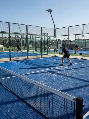 Wide documentary shot of a padel court under natural daylight, two players mid-rally in the right half of the frame, sharp shadows cutting across the court surface, court lines vivid and precise, the net taut in the foreground, open sky visible above the glass back wall