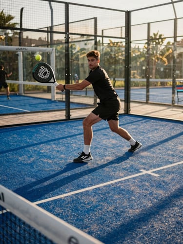 Close-in documentary frame of a padel player mid-swing on an international-standard court, golden hour side light casting a hard shadow across the court surface, the ball visible at contact, court lines sharp in the foreground, no spectators posed, natural energy of a competitive rally