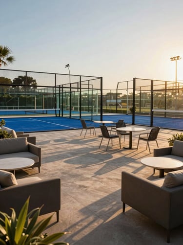 Wide environmental shot of a premium outdoor open space adjacent to padel courts at golden hour, warm low-angle light across an open patio with natural seating areas, no people posed for camera, the court glass walls visible in the background, a relaxed post-match atmosphere conveyed through empty chairs and long shadows