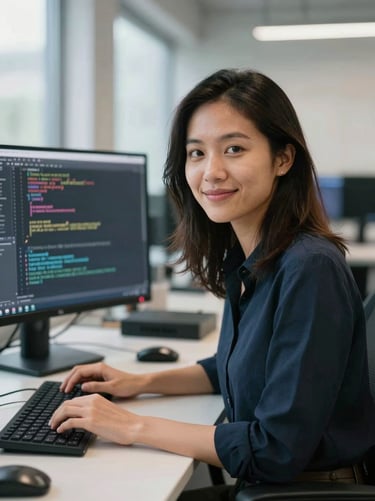 Candid portrait of a female machine learning engineer in a bright, daylight-filled workspace, code visible on a monitor in the soft-focus background.