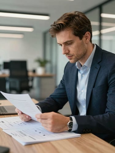 Candid portrait of a male growth strategist in a modern architectural office, reviewing technical documentation.