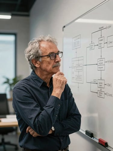 Candid portrait of a senior male software architect in a cool-lit office, looking thoughtfully at a whiteboard with system diagrams.
