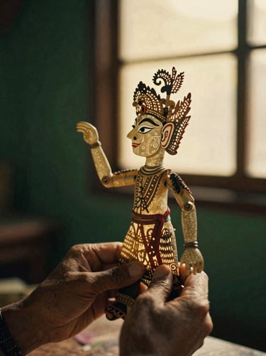 Close-up of a traditional wayang kulit puppet held by weathered hands, backlit by a warm glowing light, soft shadows