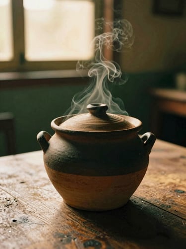 Close-up of antique clay cooking pot on a rustic wooden table, soft golden hour smoke rising, warm nostalgic atmosphere