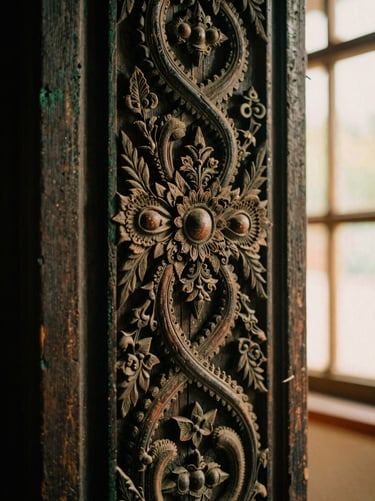 Detailed macro shot of intricate traditional Malay wood carving on weathered dark timber, soft warm side lighting, deep shadows