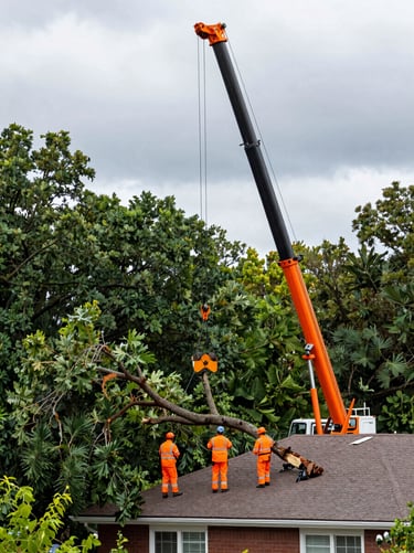 Crisp documentary photography of a heavy crane lifting a massive storm-damaged oak limb off a residential roof, crew members in high-vis safety orange gear guiding the rig under overcast storm skies.