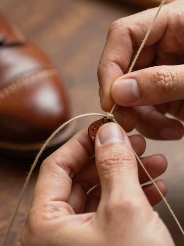 Close-up macro shot of hands stitching a leather shoe sole with thick beige thread, warm lighting, rich details of the leather texture, shallow depth of field