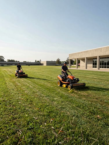 Wide panoramic shot of a grounds maintenance crew mowing a large institutional facility grounds, two workers operating commercial mowers in formation, late-morning daylight, expansive lawn extending to a concrete building facade at the right edge, low horizon with open sky
