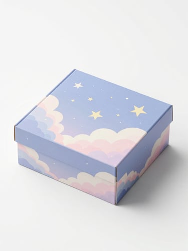 A clean mockup of the final product packaging: a beautiful box with rounded edges and pastel illustrations of stars and clouds, looking like a magical gift.