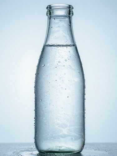 Sleek 375ml architectural glass bottle filled with crystal-clear water, condensation on the glass, cool blue studio lighting, high-key background.