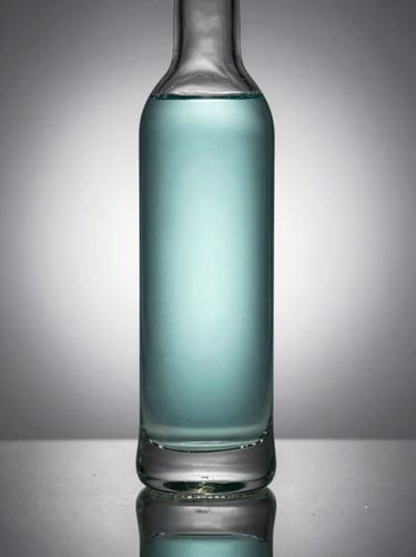 Elegant 750ml glass bottle with a heavy base, standing on a reflective surface, soft silver backlighting, macro depth of field.