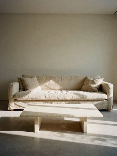 Spacious minimalist living room with custom travertine coffee table, low-slung linen sofa, soft afternoon shadows