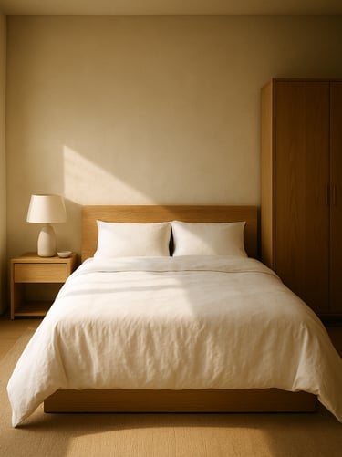 Sun-drenched minimalist bedroom with natural oak finishes, crisp white linen, soft morning light, medium format film