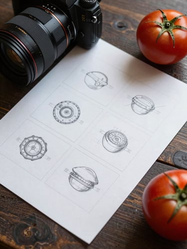 A storyboard sketched on crisp parchment paper lying on a dark wooden table next to a camera lens and a ripe tomato.