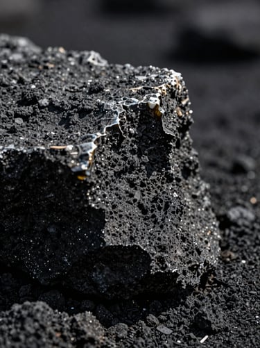 A macro, high-contrast photograph of volcanic glass catching razor-sharp side light, revealing rough weathered textures and sharp edges against a deep charcoal background.