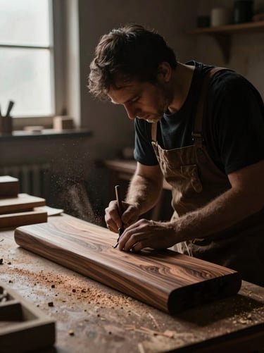 A master craftsman carving dark walnut wood in a dusty workshop, single light source from a side window, floating sawdust particles.
