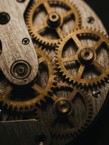 Macro shot of a mechanical timepiece's gears moving in low light, brushed metal textures, deep shadows, 35mm film grain.