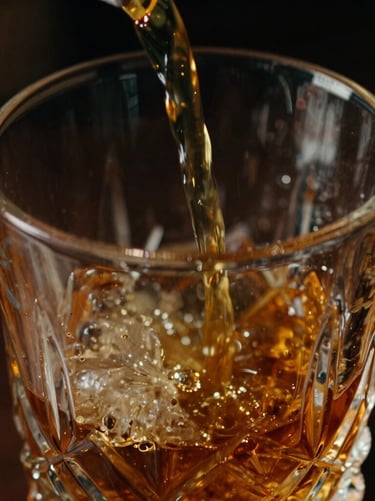 Extreme close-up of amber liquid pouring into a heavy crystal glass, dramatic low-key lighting, golden reflections, anamorphic depth of field.