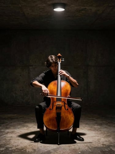 A dramatic portrait of a cellist performing in an empty concrete hall, moody single spotlight from above, deep shadows.