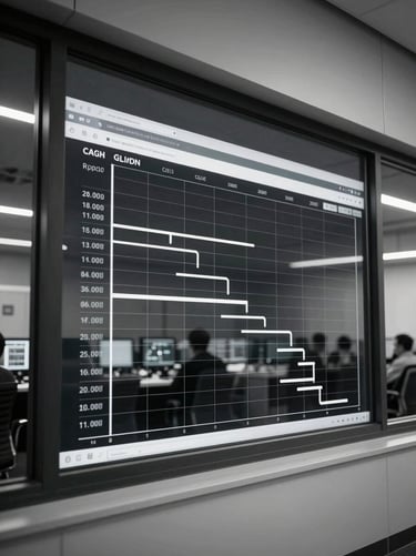 Clean, technical digital Gantt charts reflected on a window in a late-night command center, high contrast desaturated tones.