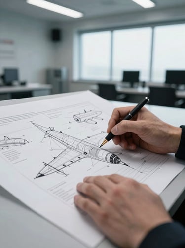 High-contrast close-up of hands marking up physical aerospace schematics in a high-stakes war room, cool office lighting.