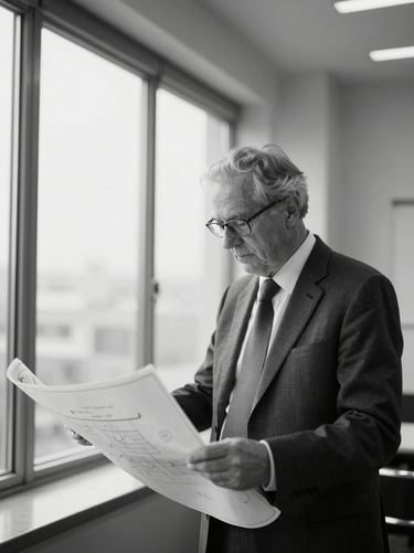 Stark high-contrast black-and-white portrait of a senior infrastructure director looking over blueprints, sharp window light, desaturated tones.