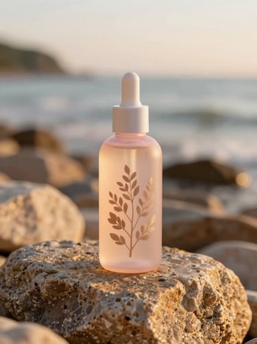 Sun-drenched botanical hair serum bottle on a warm coastal stone, golden hour lighting