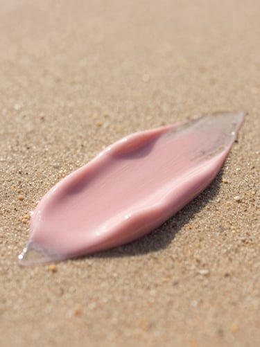 Close-up of a natural lip gloss texture with a soft pink tint, glossy finish, warm daylight