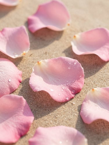 Close-up of fresh pink rose petals with water droplets, soft morning light, 35mm photography