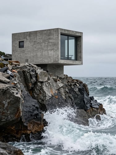 Overcast dramatic shot of a modern board-formed concrete cabin perched high on a rocky cliff, cold sea-foam white waves crashing below.