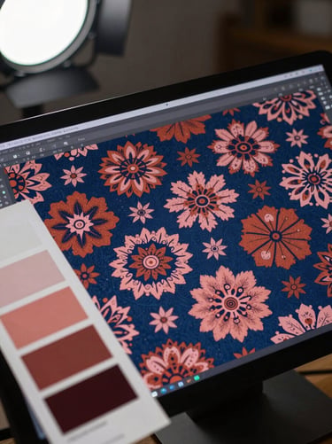 Close-up overhead shot of a design workstation screen showing a textile repeat pattern in progress — ethnic floral motifs in terracotta and dusty rose on a deep indigo ground, colour swatches fanned beside the monitor, bright studio strobe light, no glare