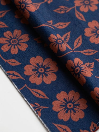 Overhead flat lay, extreme close-up of a printed cotton bolt on a white studio surface, deep indigo and terracotta floral repeat visible in sharp focus, north-facing diffused light, no shadows, colour registration lines at edge