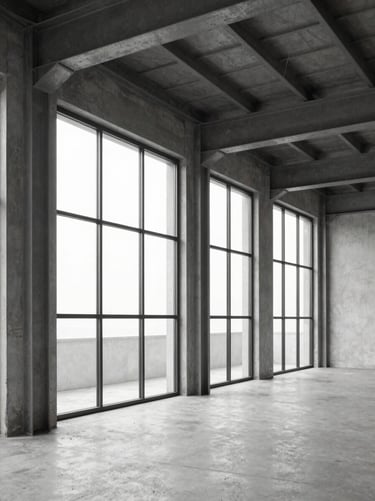 Refined industrial loft interior in Condesa, steel beams, floor to ceiling windows, soft natural light, minimalist design