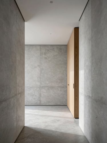 Minimalist luxury apartment interior in Polanco, concrete walls, premium oak details, soft morning light, 35mm lens